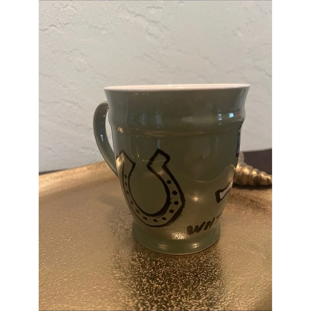 #2240**Hand painted Green Ceramic Mug W/ Silver White Horse Thunder (WHT)